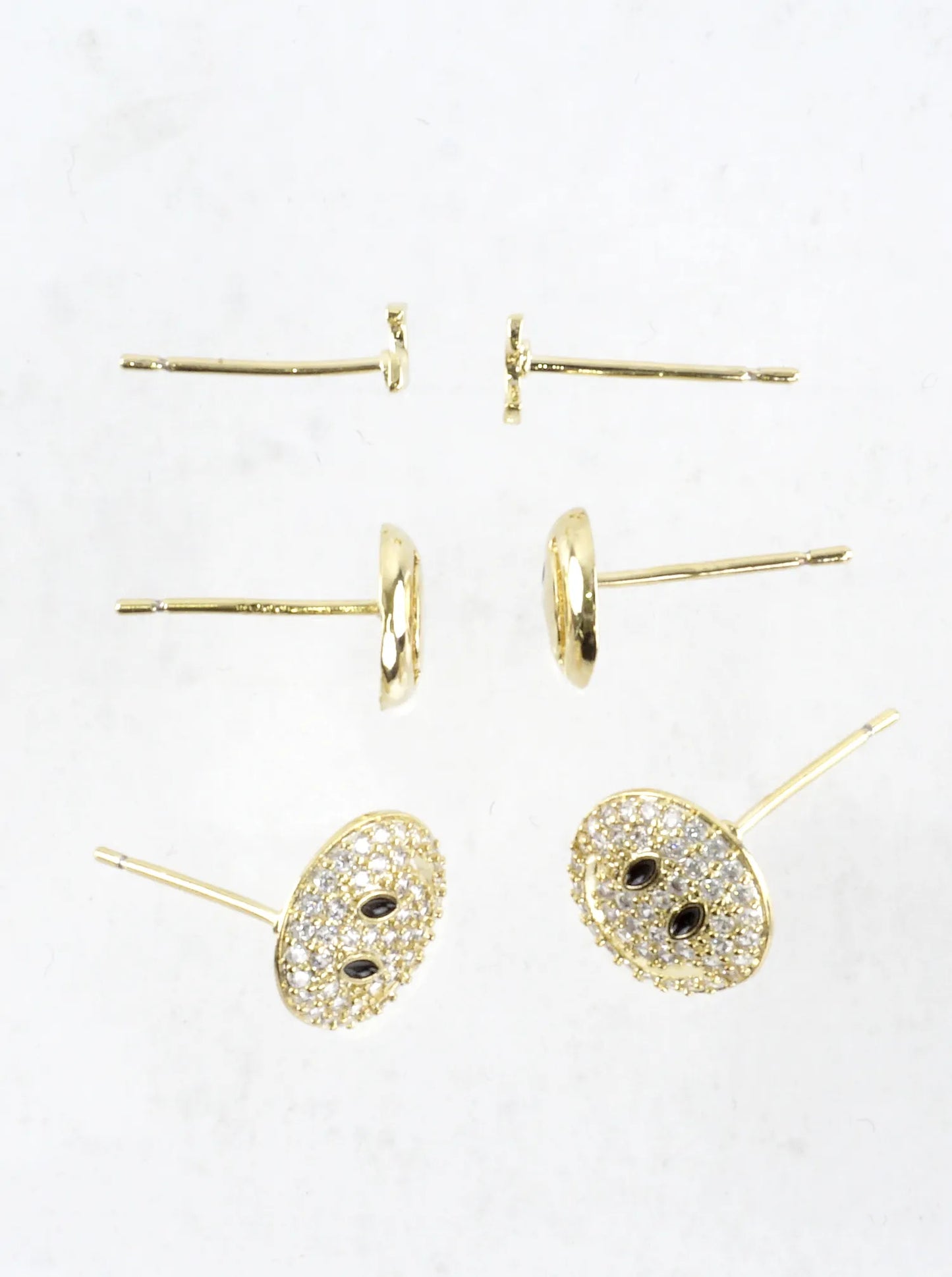 3 Pair Smiley Face Brass CZ Pave Stud Earrings Set
