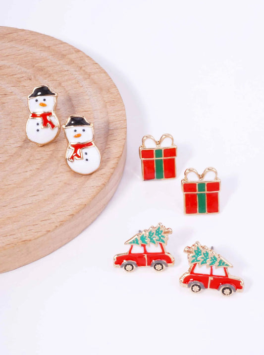 3-Pair Snowman Gift Car Enamel Stud Earrings