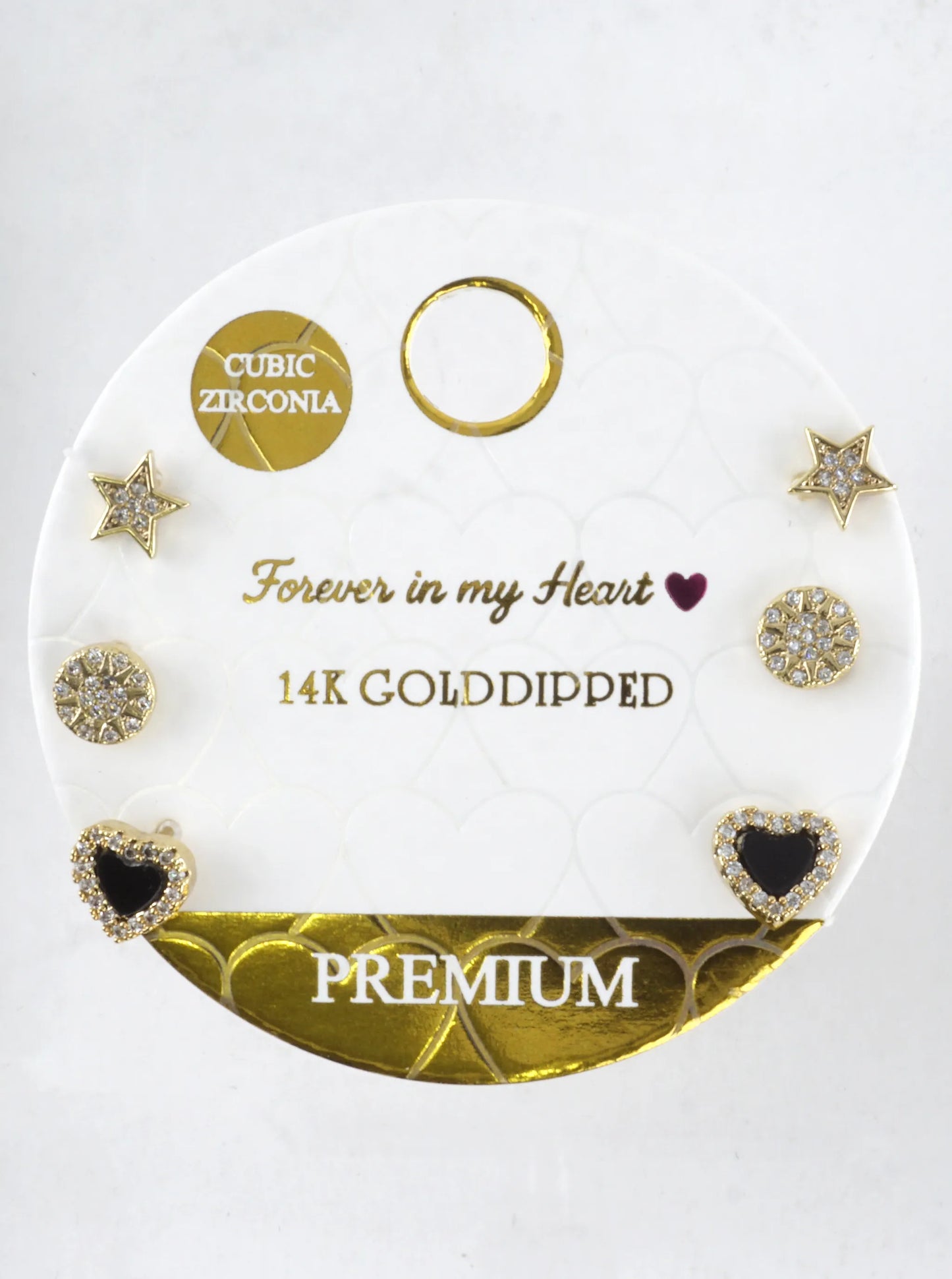 3 Pairs CZ Heart Round Star Stud Earrings Set