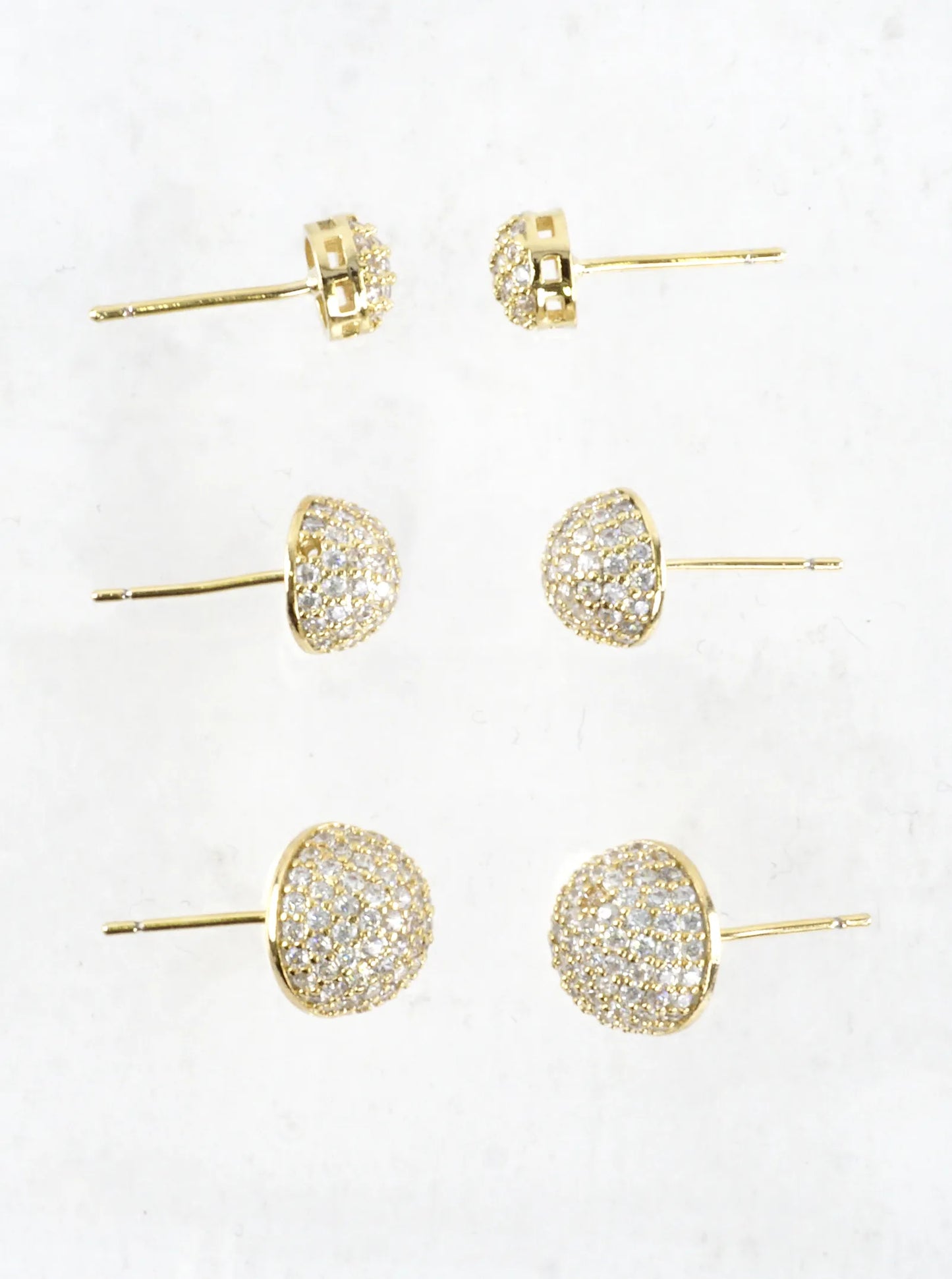3 Pairs Half Dome CZ Pave 3 Pair Stud Earrings Set