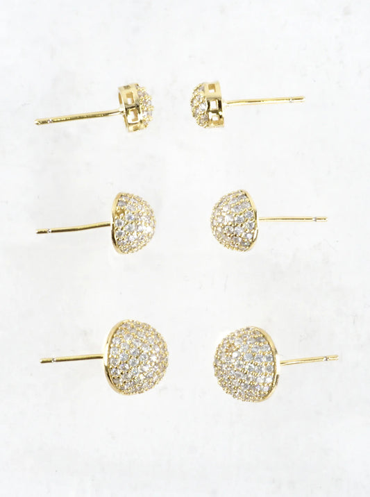 3 Pairs Half Dome CZ Pave 3 Pair Stud Earrings Set