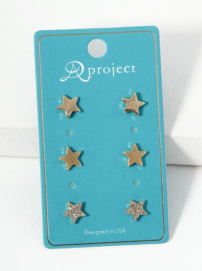 3 Pairs Set On One Card Star Shaped Post Earrings