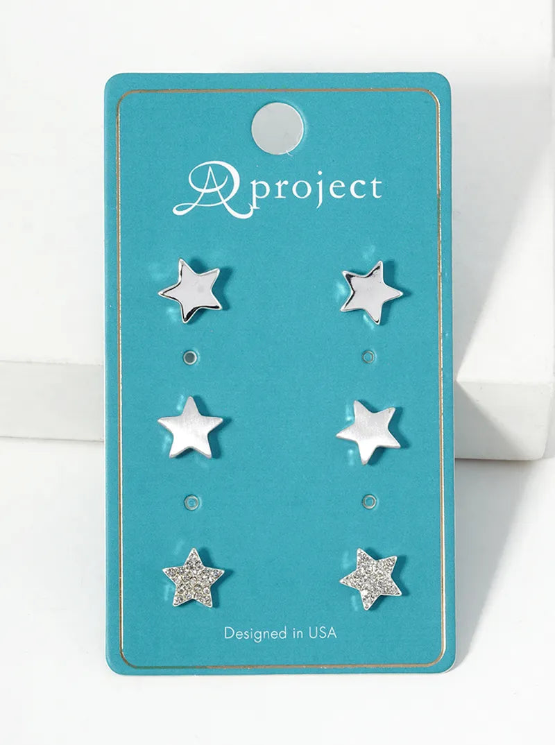 3 Pairs Set On One Card Star Shaped Post Earrings