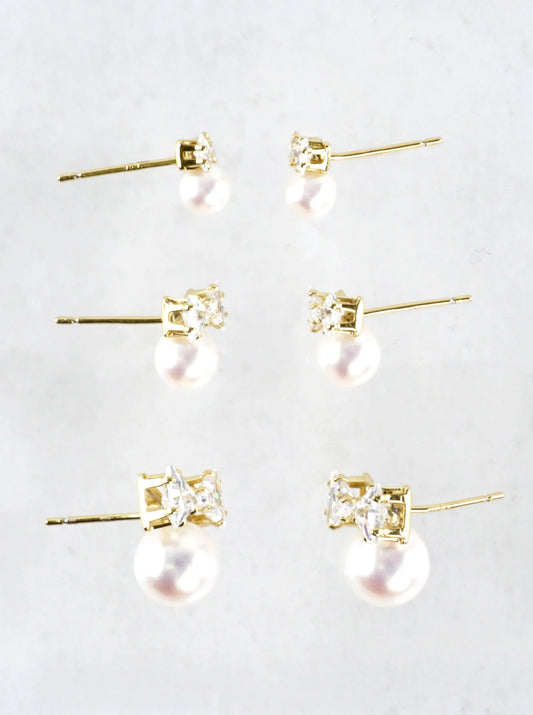3 Pairs Tiny Bow Pearl Pedestal Stud Earrings Set