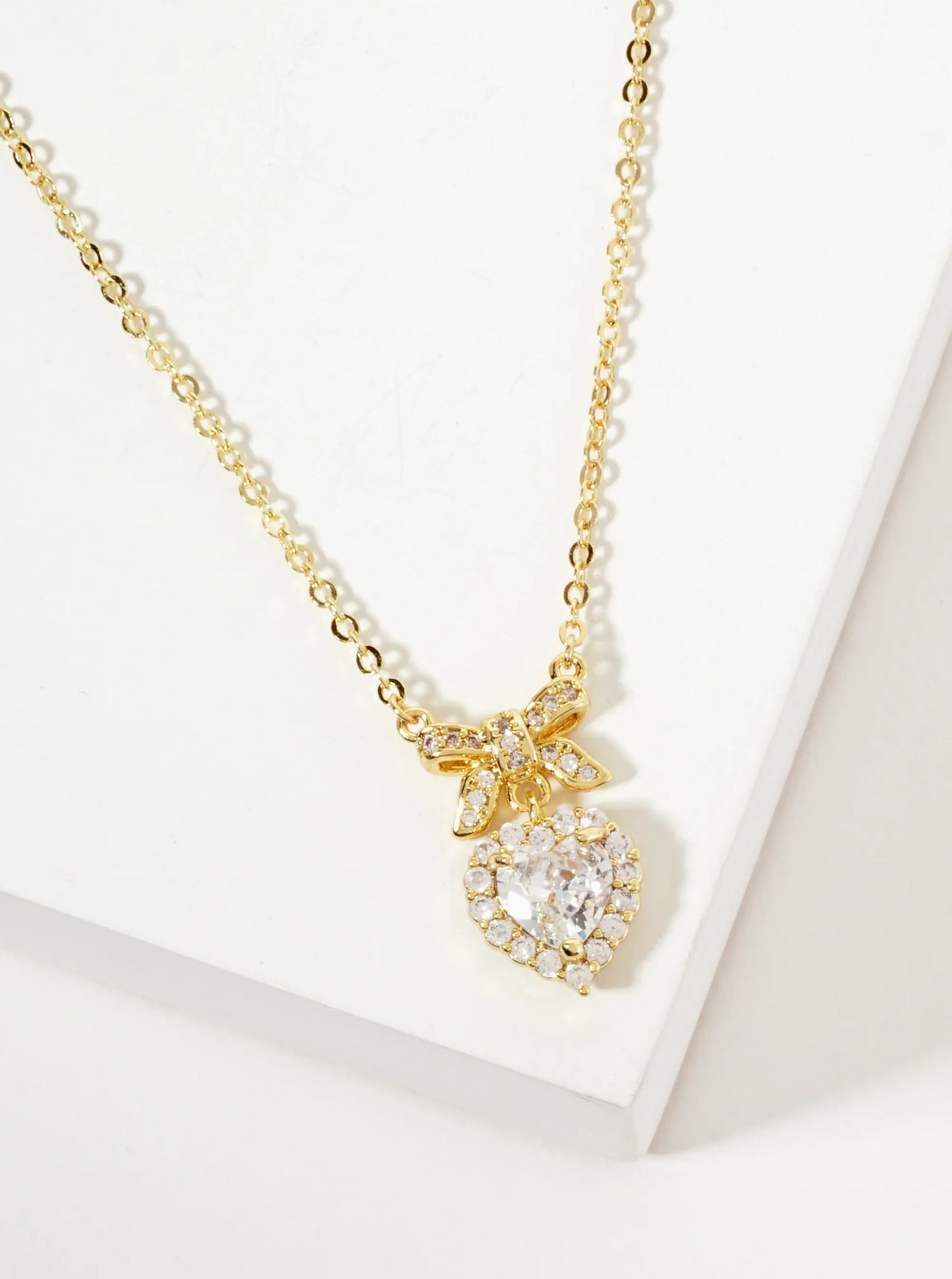 3-Prong-Setting Heart CZ-Stone Drop Pave-Set Bow Pendant 18K-Gold-Dipped Brass Necklace