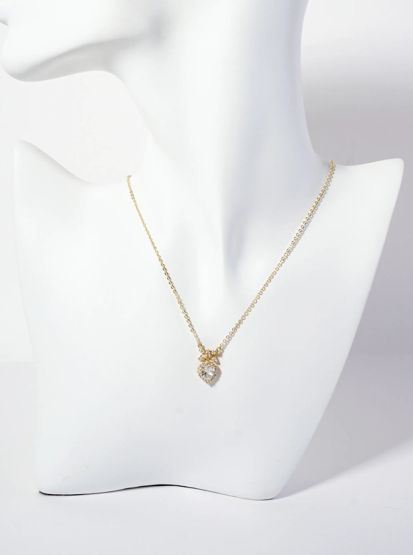3-Prong-Setting Heart CZ-Stone Drop Pave-Set Bow Pendant 18K-Gold-Dipped Brass Necklace