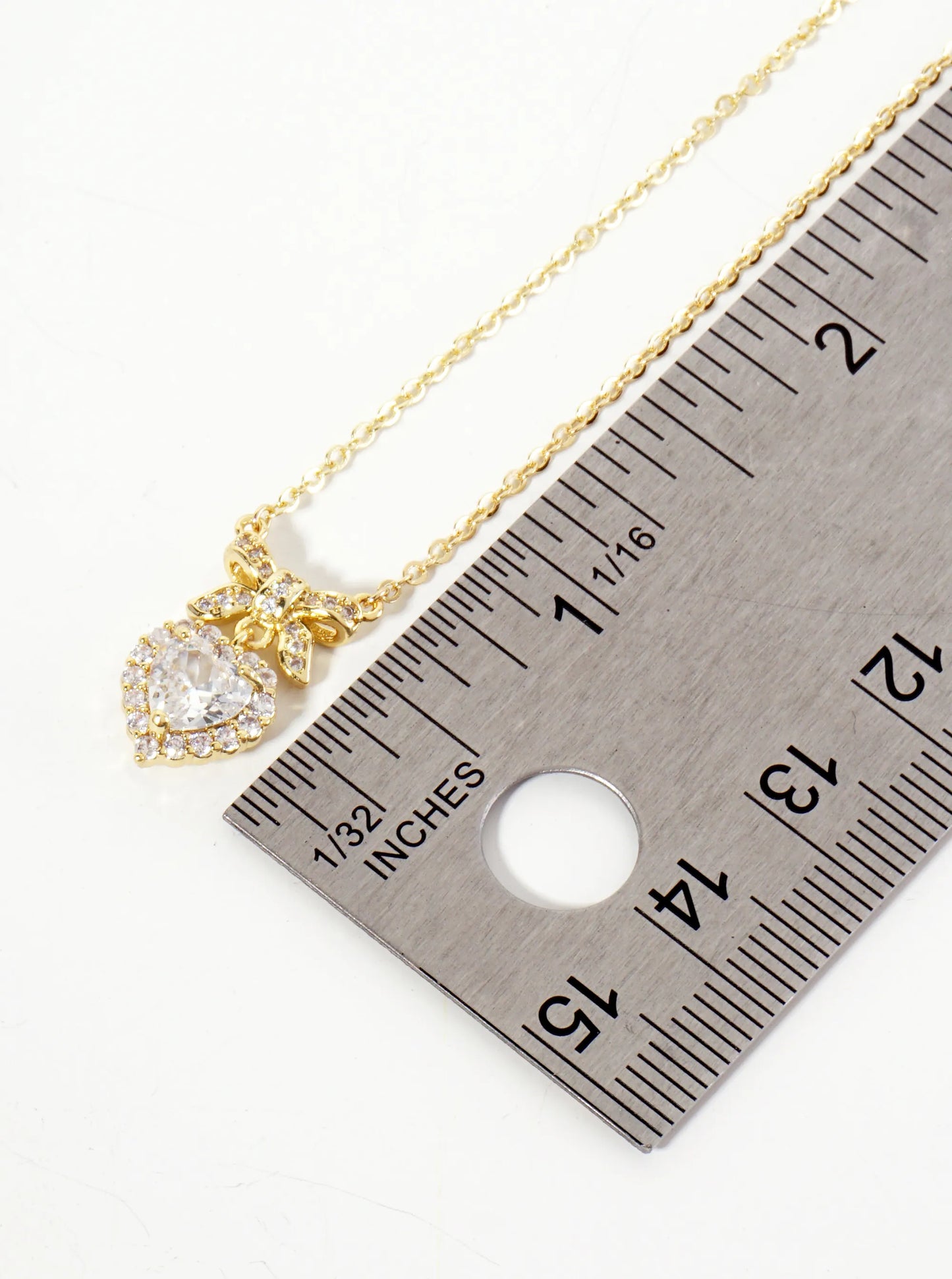 3-Prong-Setting Heart CZ-Stone Drop Pave-Set Bow Pendant 18K-Gold-Dipped Brass Necklace