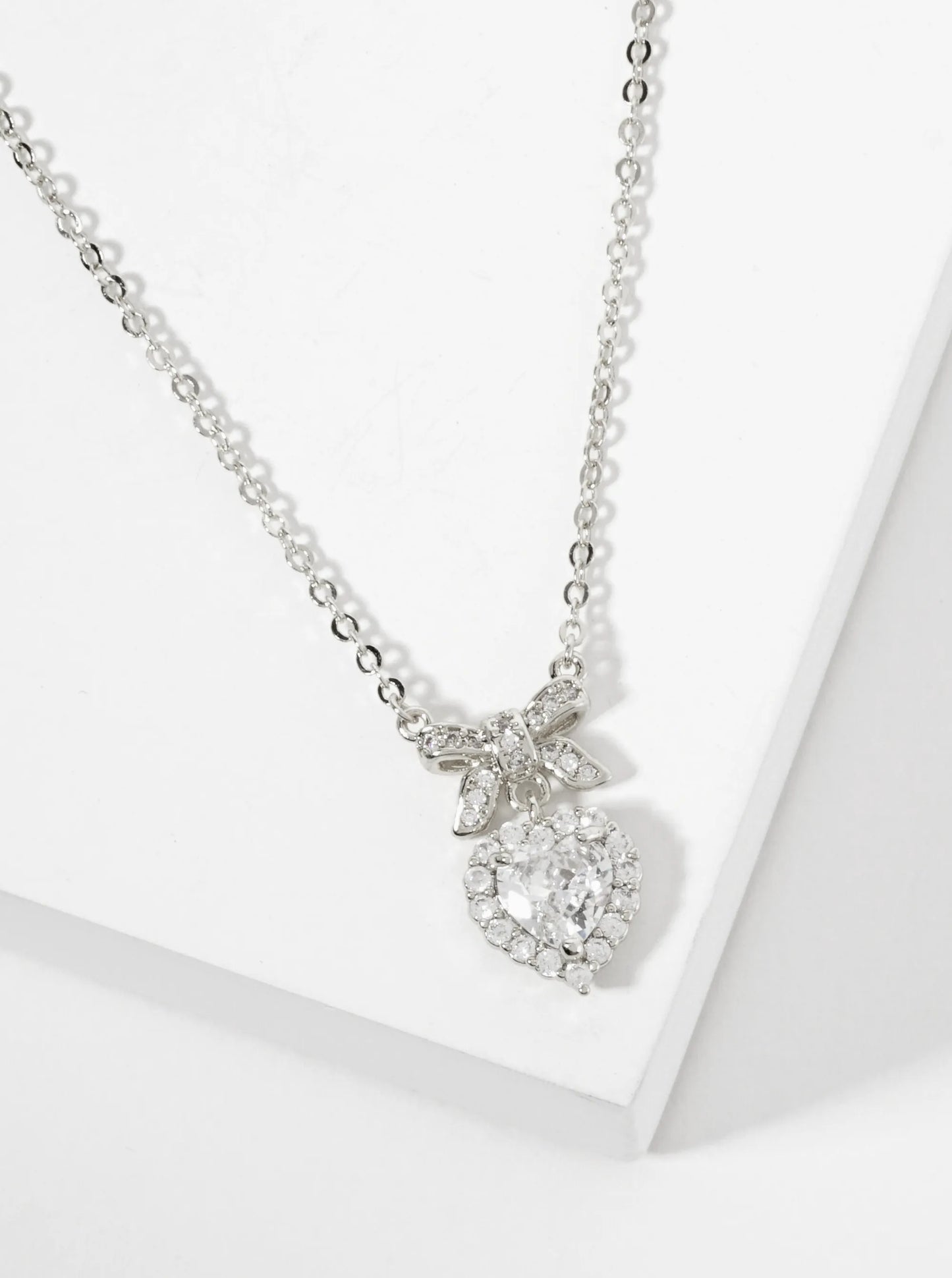 3-Prong-Setting Heart CZ-Stone Drop Pave-Set Bow Pendant 18K-Gold-Dipped Brass Necklace