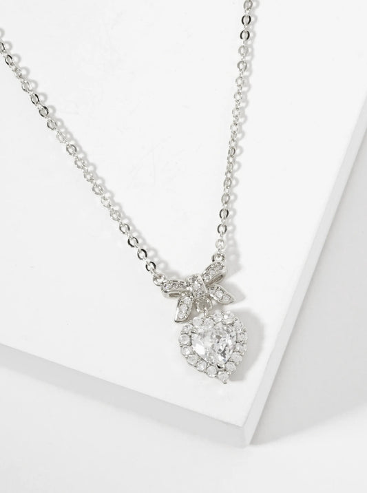 3-Prong-Setting Heart CZ-Stone Drop Pave-Set Bow Pendant 18K-Gold-Dipped Brass Necklace
