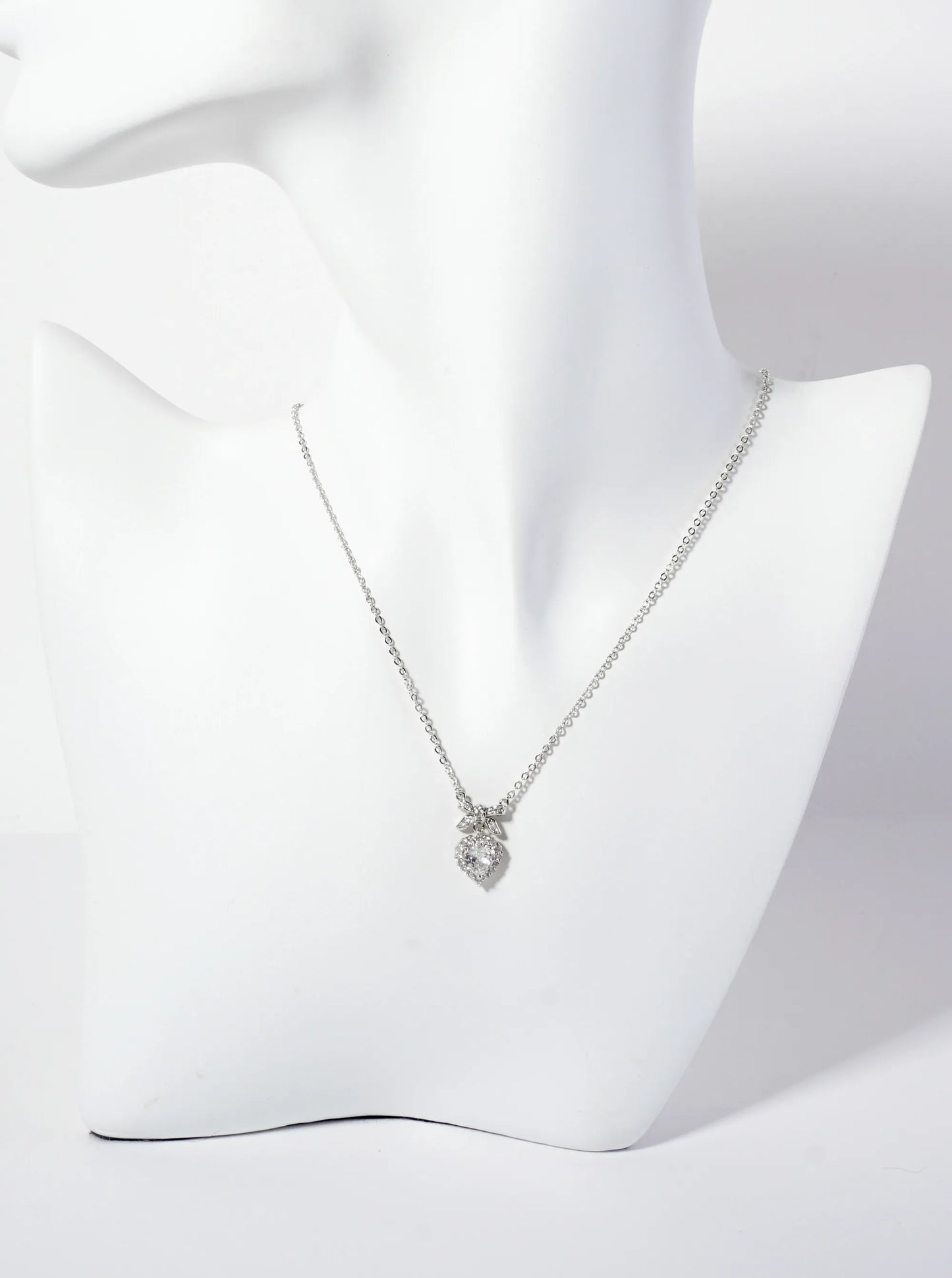 3-Prong-Setting Heart CZ-Stone Drop Pave-Set Bow Pendant 18K-Gold-Dipped Brass Necklace