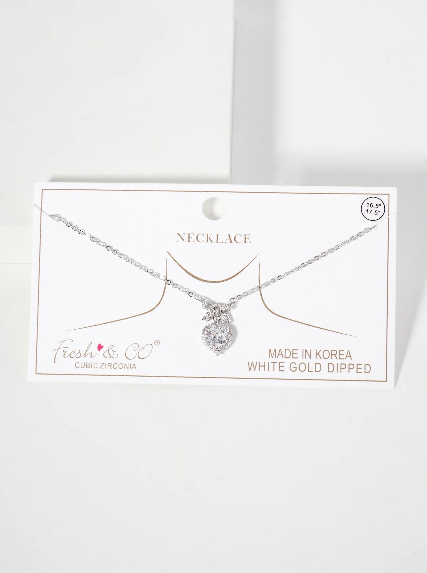 3-Prong-Setting Heart CZ-Stone Drop Pave-Set Bow Pendant 18K-Gold-Dipped Brass Necklace