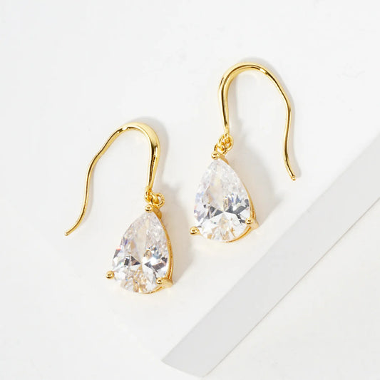 3-Prong Teardrop CZ Drop 18K-Gold-Dipped Brass Earrings