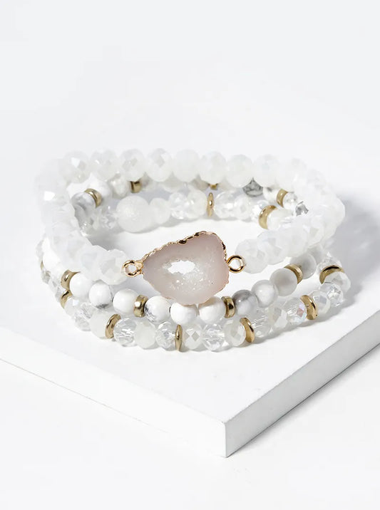 3 Stretch Bracelets Set Druzy Semiprecious Crystal Mix