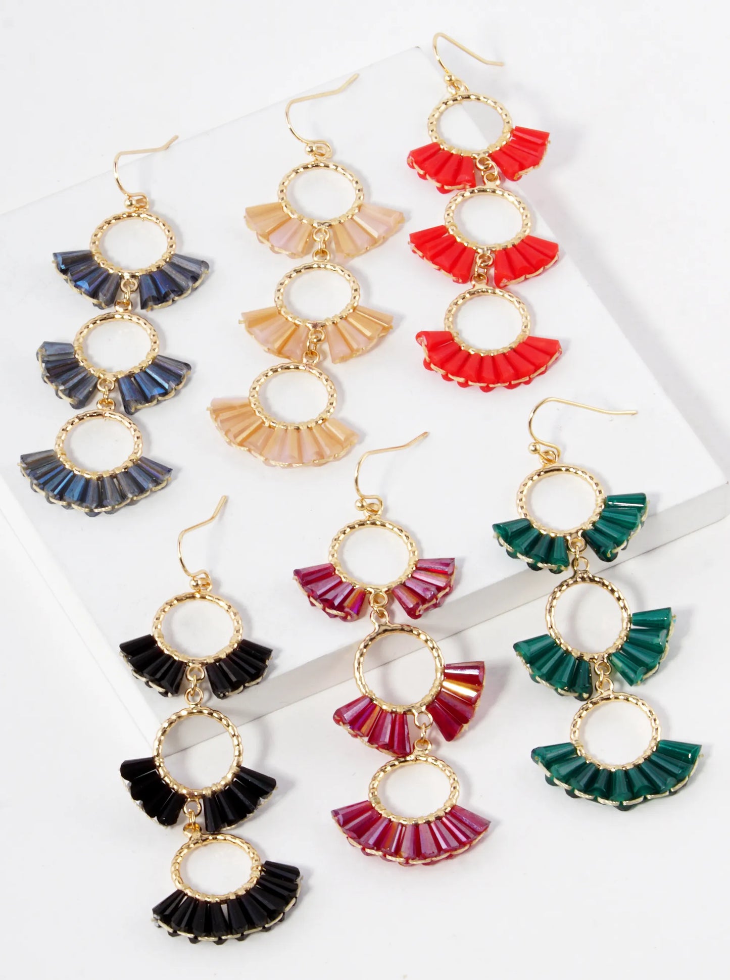 3 Tier Glass Beads Fan Shaped Cascading Drop Earrings
