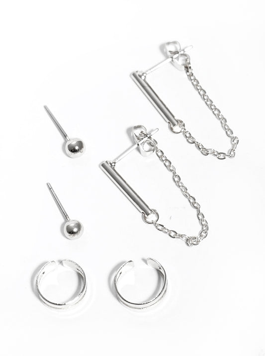 3-pair Ball Bead Studs Ear Cuffs And Linked Chain Post Earrings