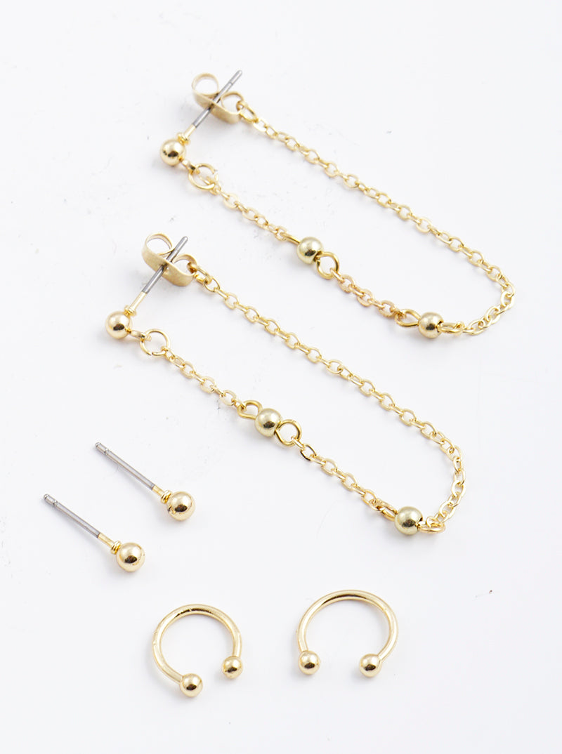 3-pair Set Ball Studs Cuffs And Chain Earrings
