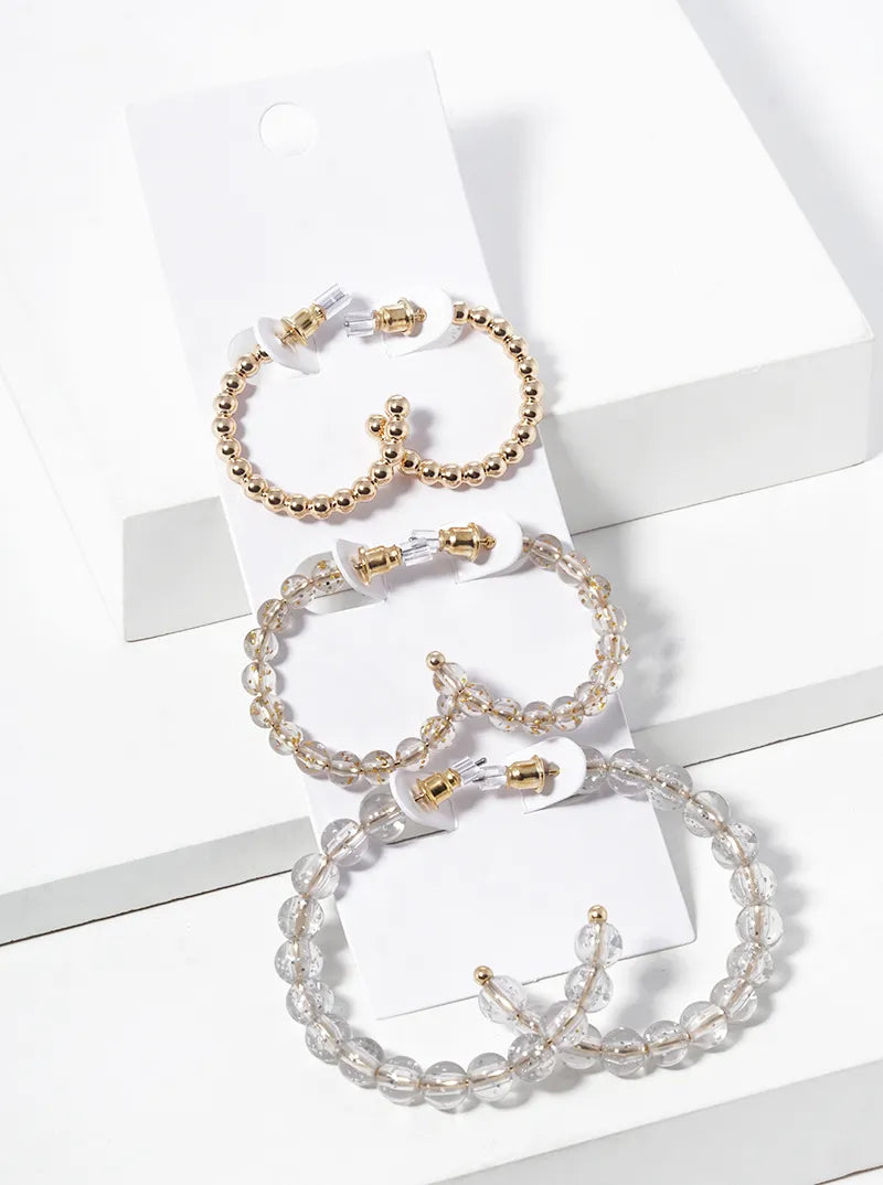 3-pair Set Beaded Open Hoop Earrings