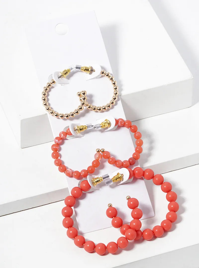 3-pair Set Beaded Open Hoop Earrings