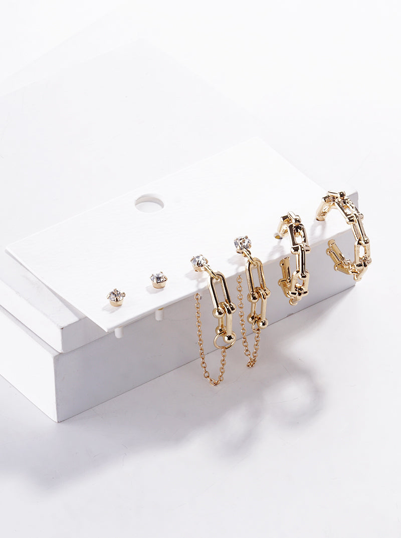 3-pair Set Crystal Studs And Metal Earrings