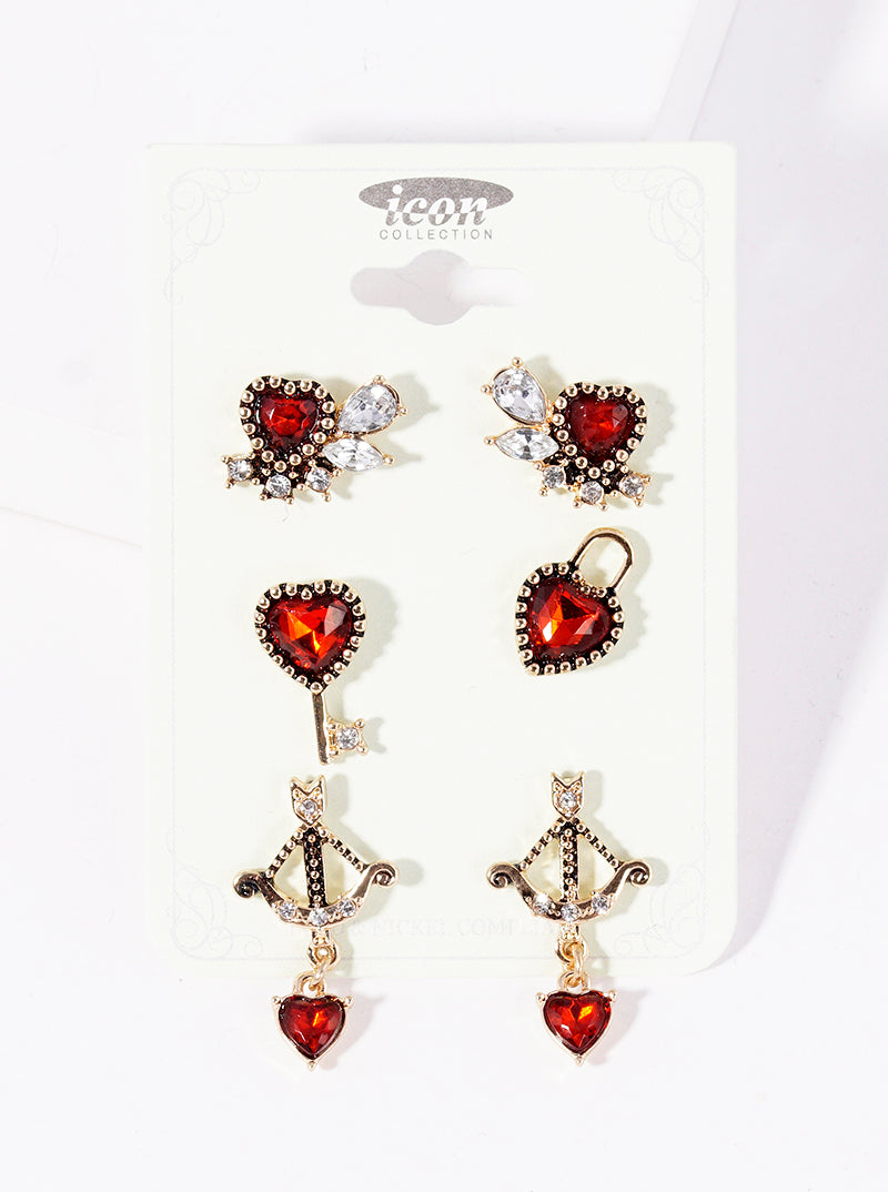 3-pair Set Heart Post Stud Earrings