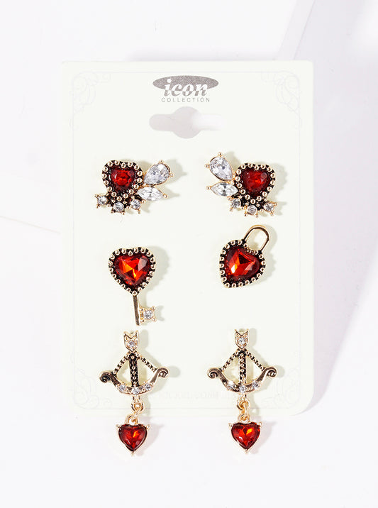 3-pair Set Heart Post Stud Earrings
