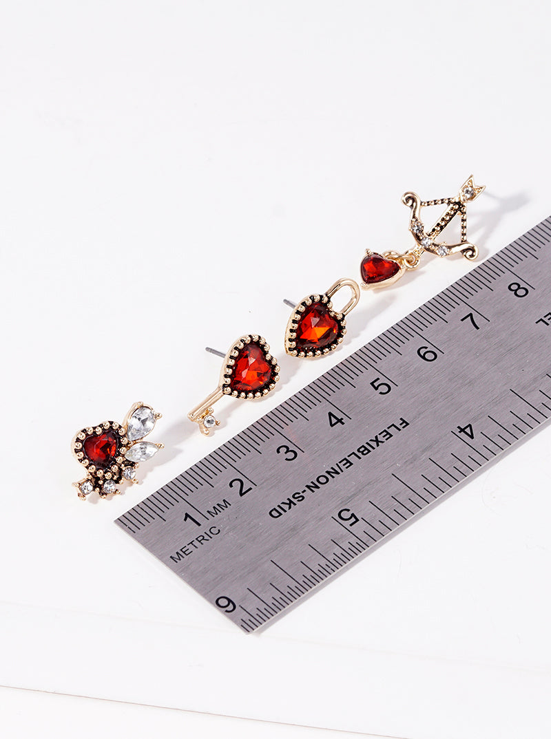 3-pair Set Heart Post Stud Earrings