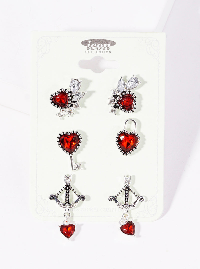 3-pair Set Heart Post Stud Earrings