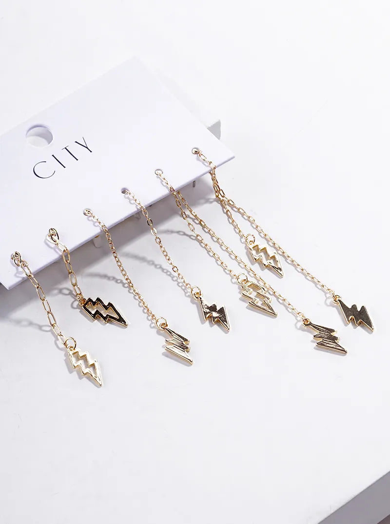 3-pair Set Metal Lightning Earrings