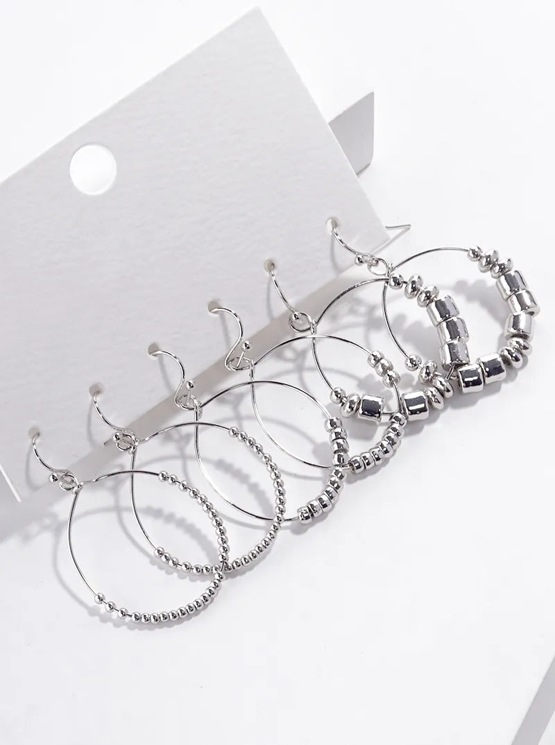 3-pair Set Metallic Beaded Circle Wire Dangle Drop Earrings