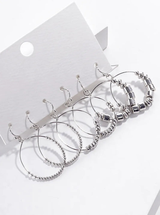 3-pair Set Metallic Beaded Circle Wire Dangle Drop Earrings