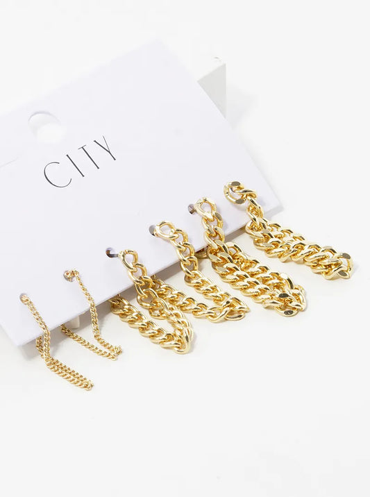 3-pair Set Multi Chain Drop Earrings