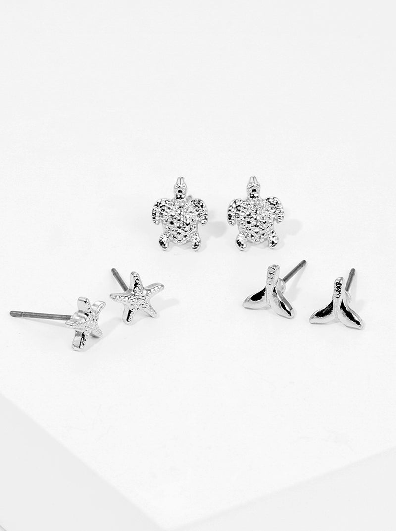 3-pair Set Sea Life Metal Turtle Whale Tail Post Stud Earrings