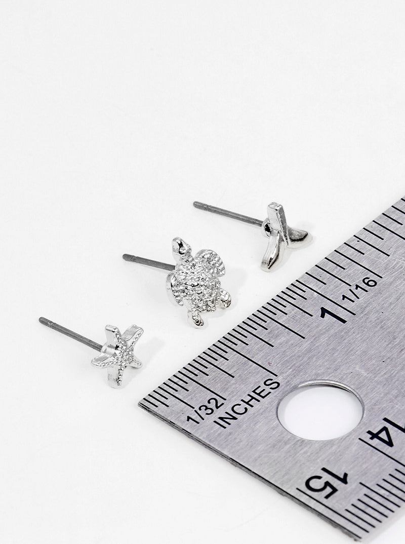 3-pair Set Sea Life Metal Turtle Whale Tail Post Stud Earrings
