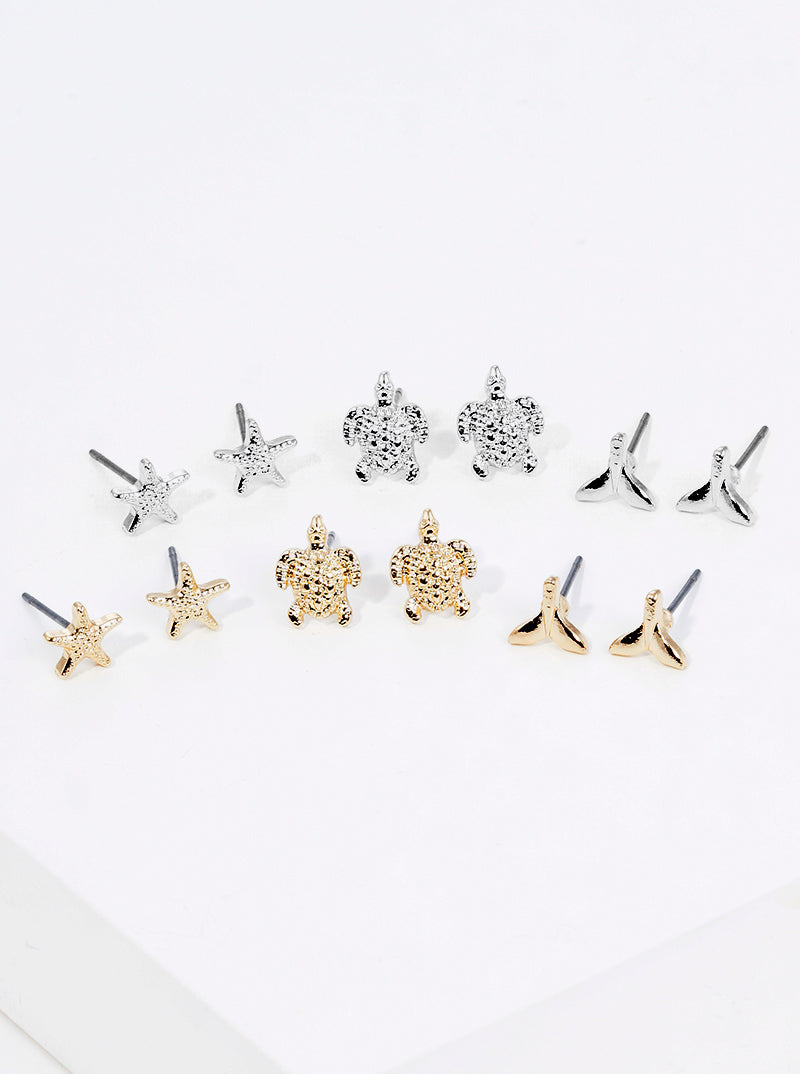 3-pair Set Sea Life Metal Turtle Whale Tail Post Stud Earrings