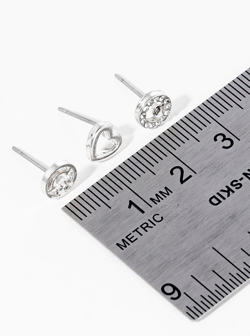 3-pair Set Smiley Face Metal Heart Crystal Pave Round Post Stud Earrings