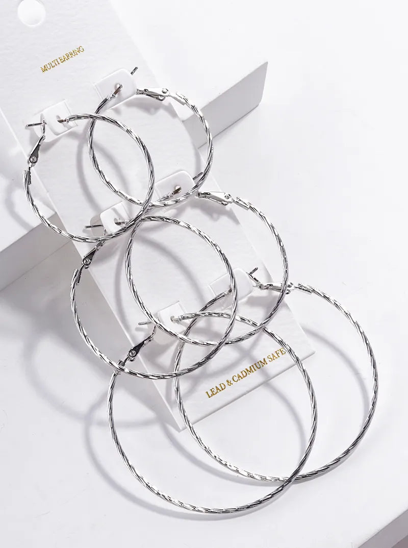 3-pair Set Textured Metal Omega Back Hoop Earrings