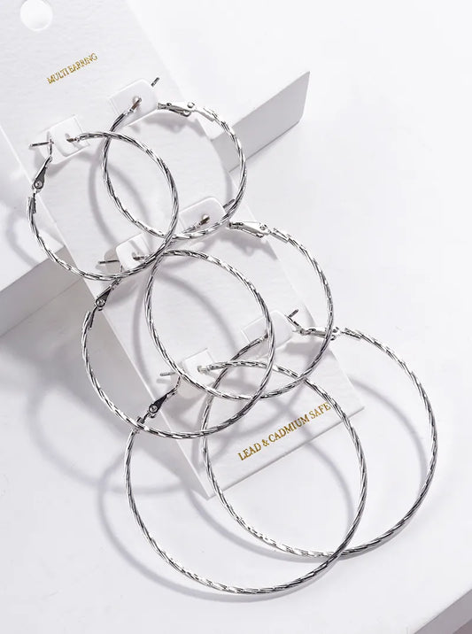 3-pair Set Textured Metal Omega Back Hoop Earrings