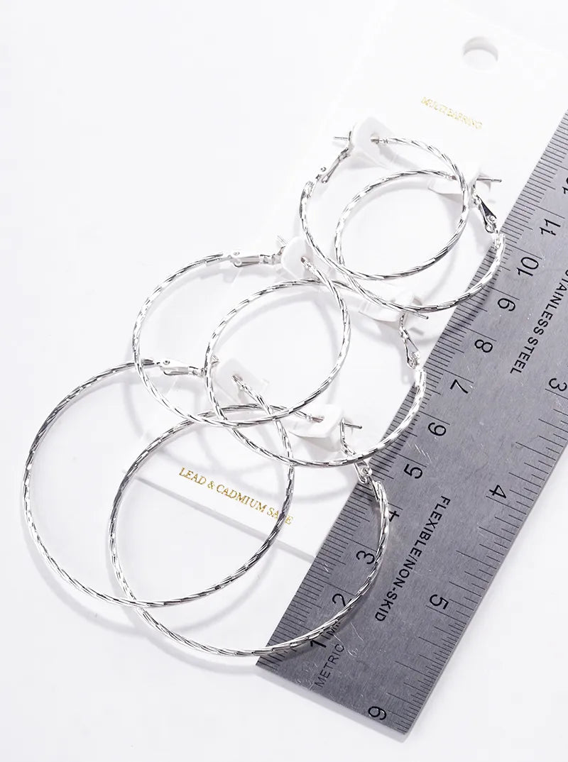 3-pair Set Textured Metal Omega Back Hoop Earrings