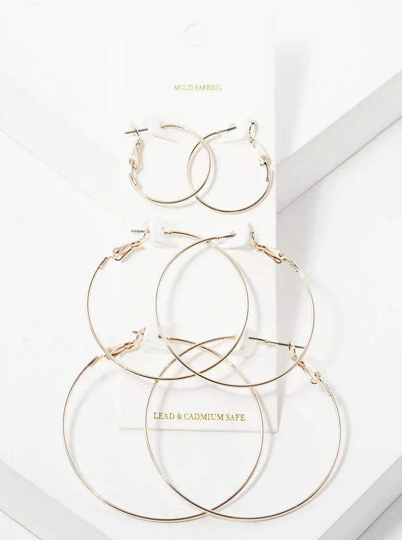 3-pair Set Weightless Metal Leverback Hoop Earrings