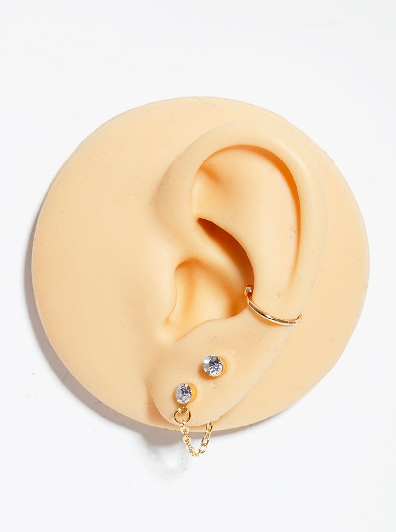 3-pair Stone Studs Cuffs And Linked Chain Earrings