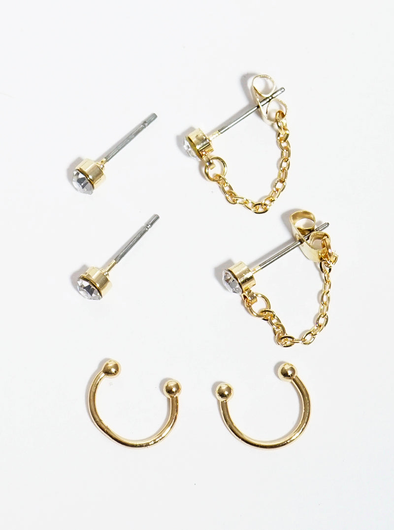 3-pair Stone Studs Cuffs And Linked Chain Earrings