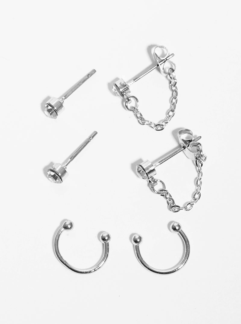 3-pair Stone Studs Cuffs And Linked Chain Earrings