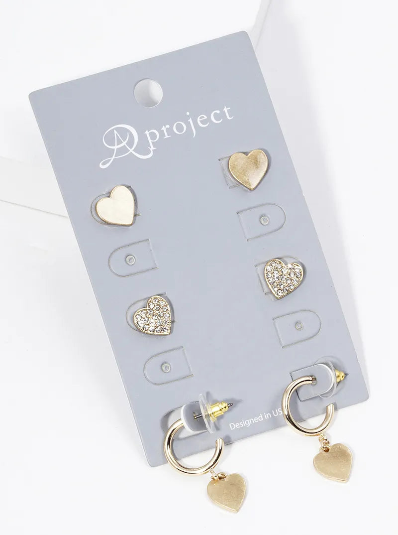 3 Pairs Heart Shape Stud Hoop Earrings
