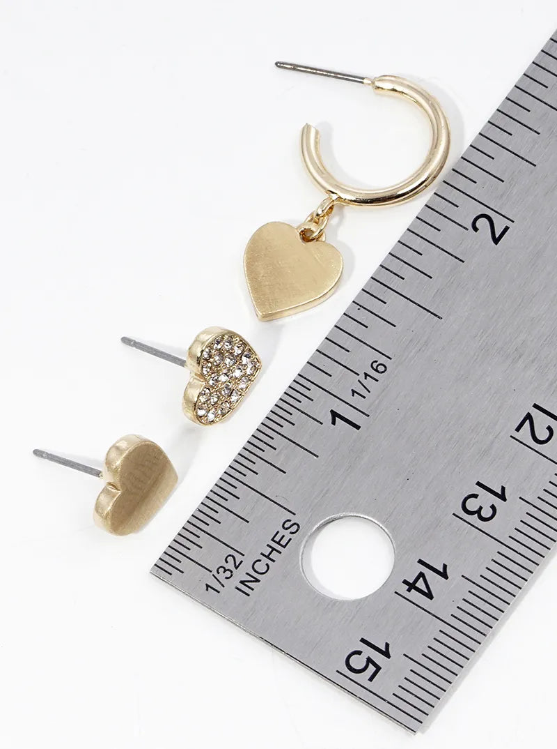 3 Pairs Heart Shape Stud Hoop Earrings