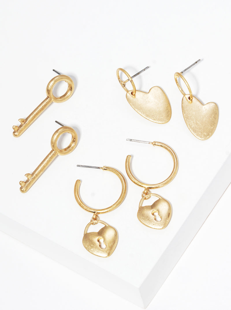 3 Pairs Metal Heart Key Stud Hoop Dangle Earrings Multi Pack