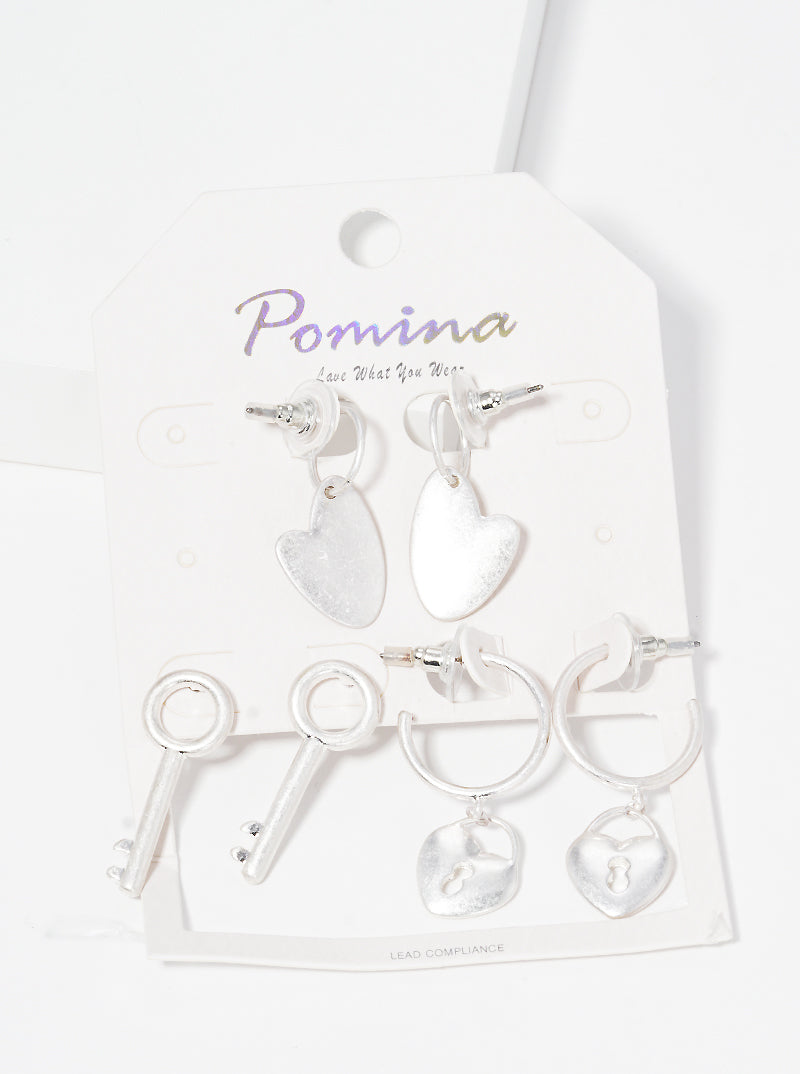 3 Pairs Metal Heart Key Stud Hoop Dangle Earrings Multi Pack