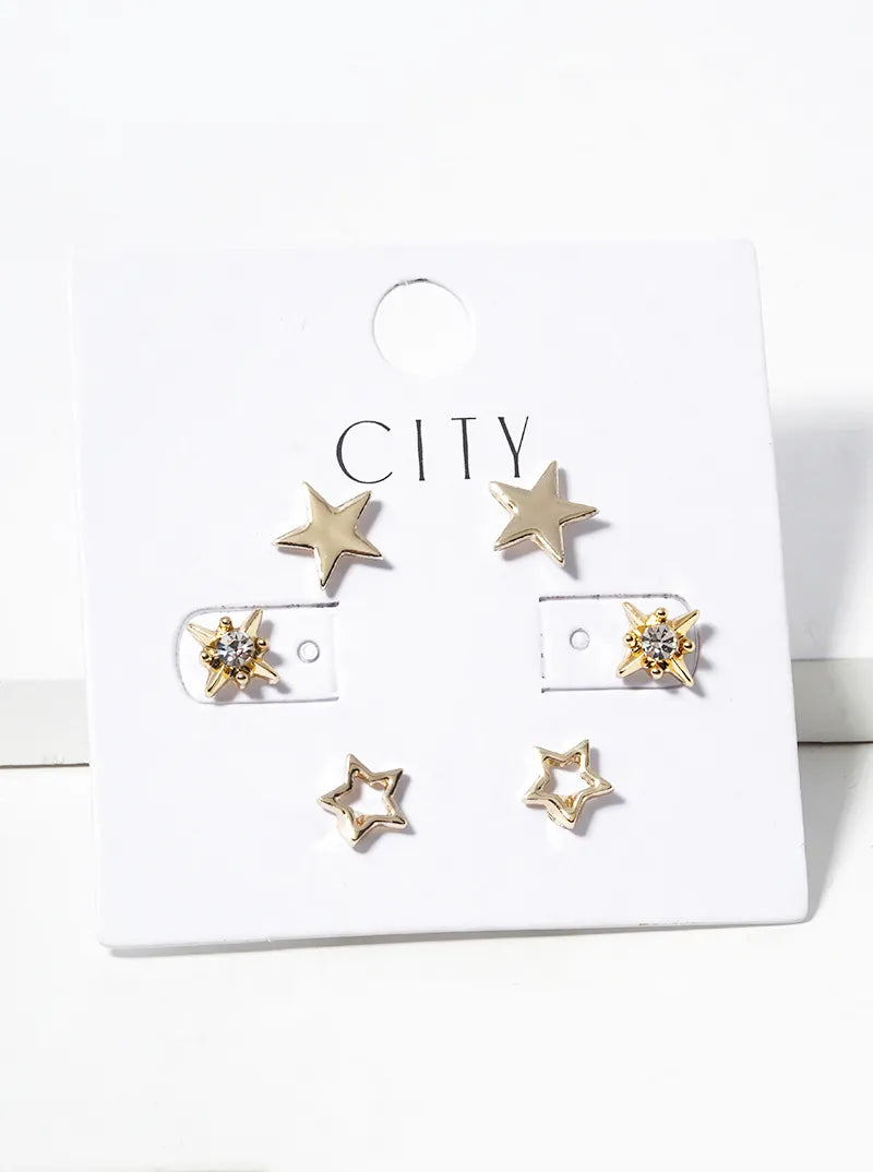 3 Pairs Set Celestial Star Studded Post Earrings