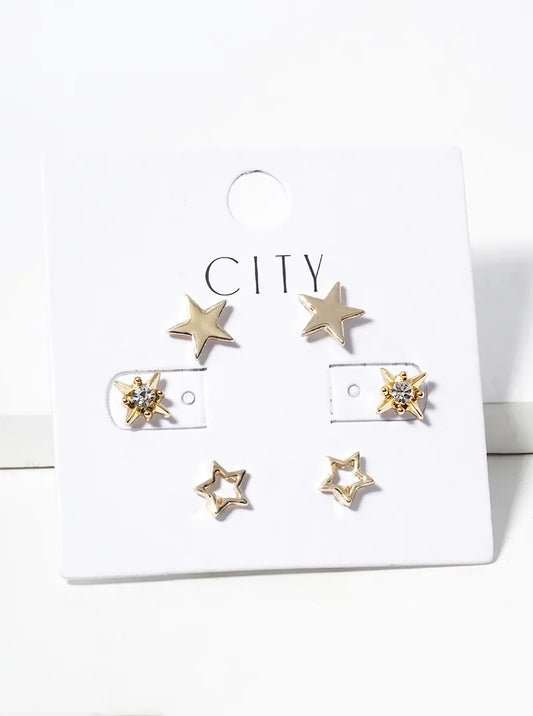 3 Pairs Set Celestial Star Studded Post Earrings