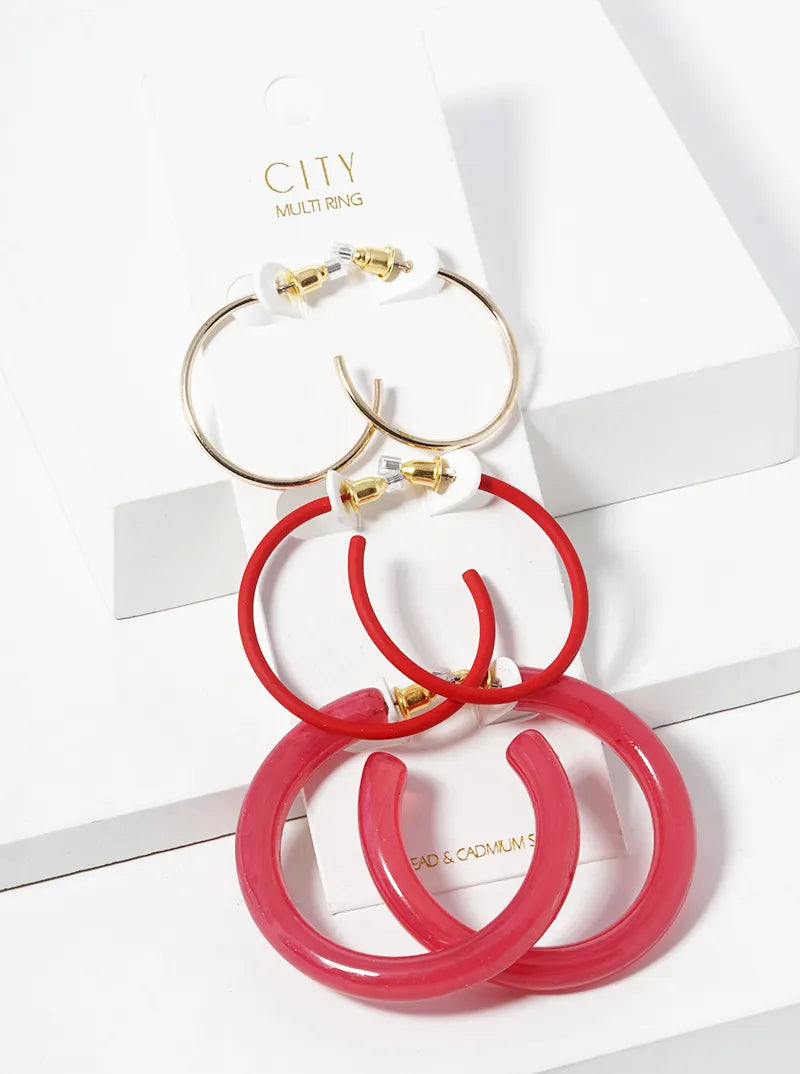 3 Pairs Set Metal Resin Colorful Hoop Earrings