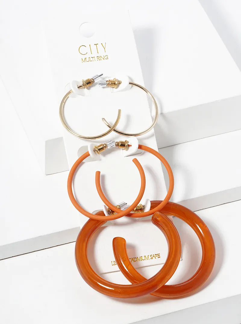 3 Pairs Set Metal Resin Colorful Hoop Earrings